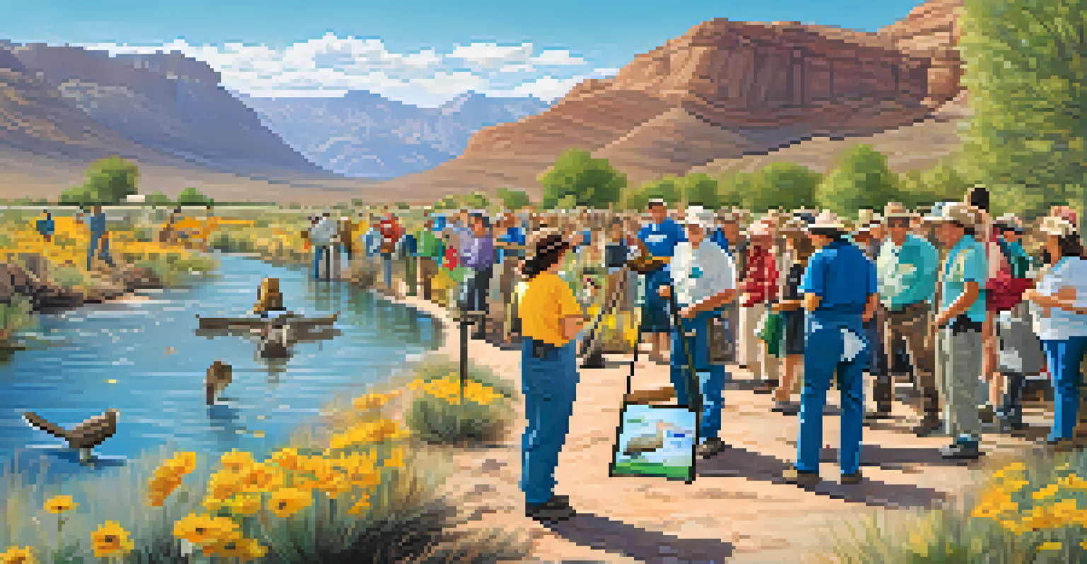 Local community members participating in a wildlife conservation event by a river, engaged in cleanup activities.