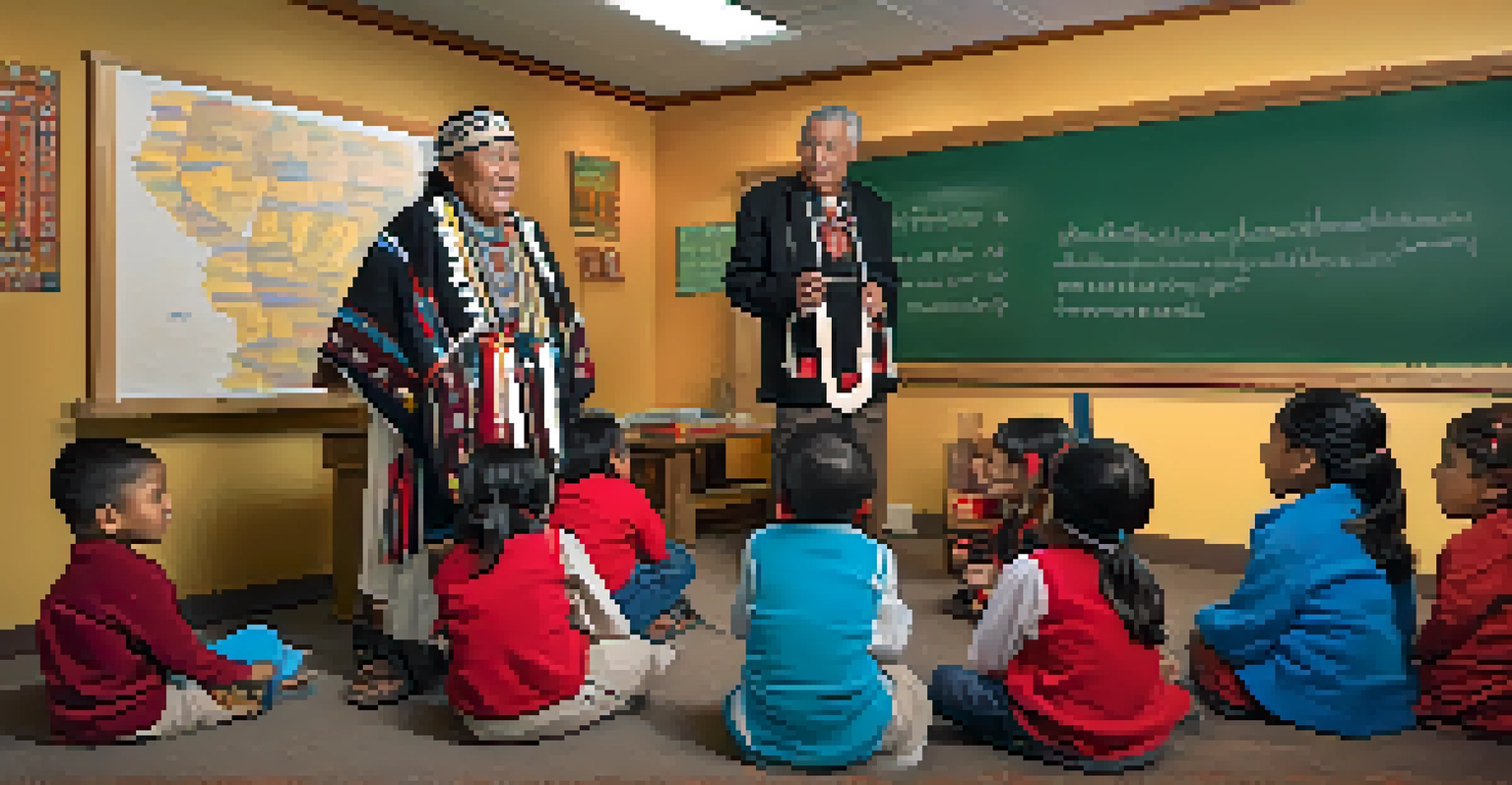 A Washoe elder teaching children their native language in a classroom adorned with tribal art.