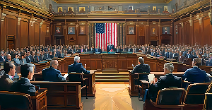 A legislative chamber with diverse lawmakers debating, featuring wooden desks and colorful banners under an ornate ceiling.