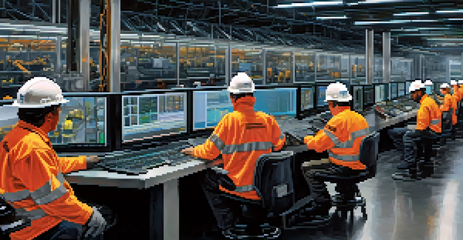 A group of diverse workers participating in a training session in a modern mining facility, surrounded by technology and safety equipment.