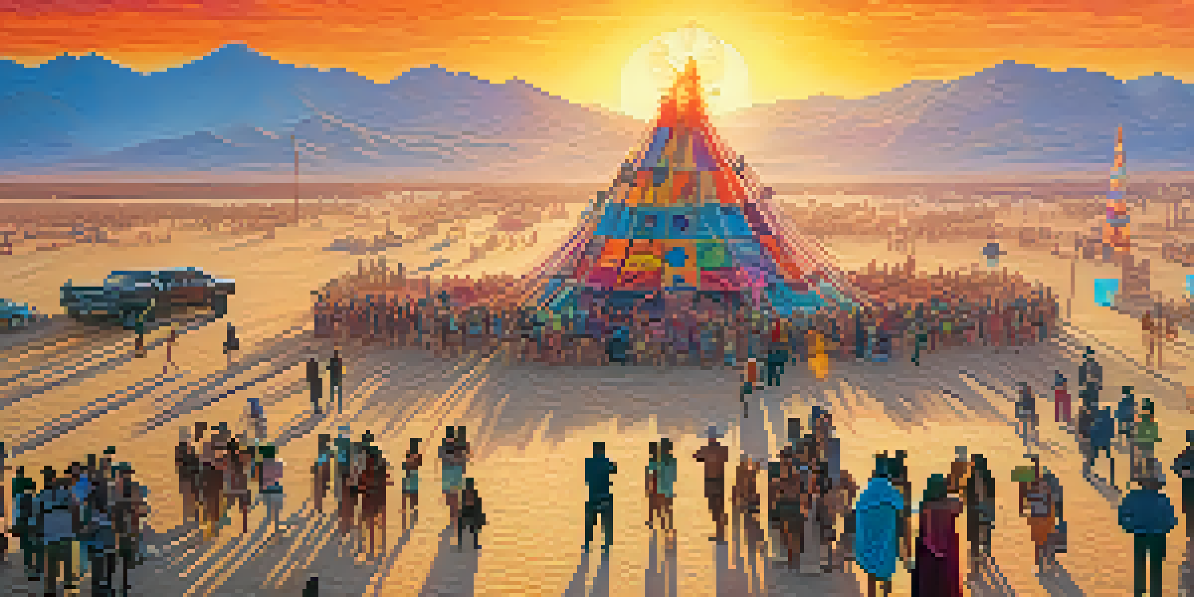 A lively desert landscape at Burning Man with a large wooden effigy and various colorful art pieces, participants in whimsical outfits, and a stunning sunset.