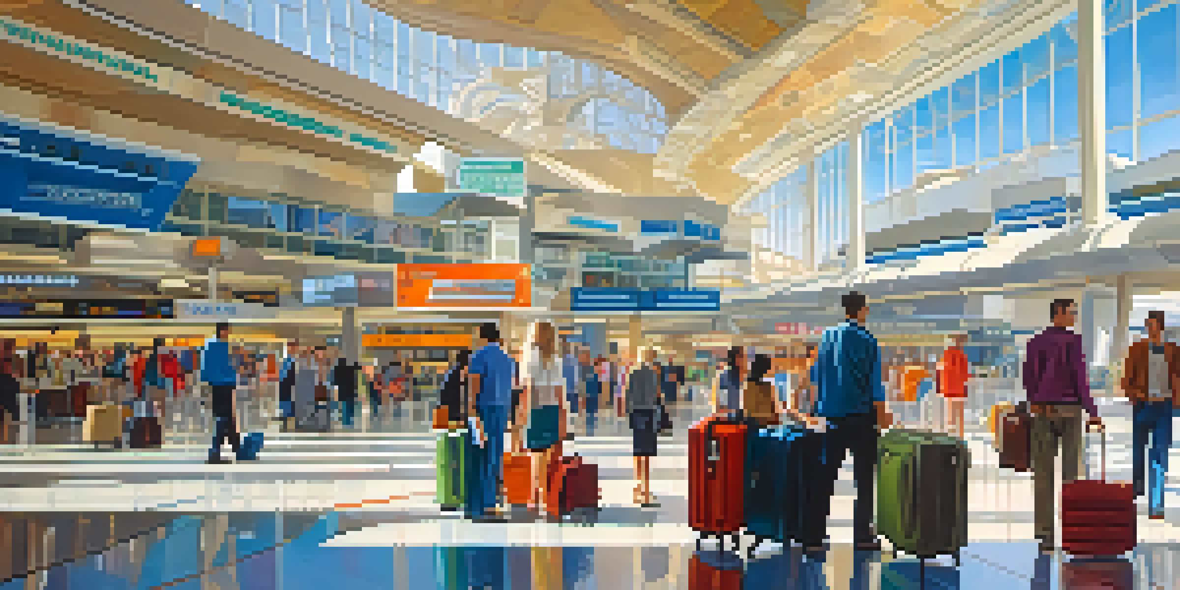 A lively airport interior with travelers, shops, and bright advertisements under natural light.