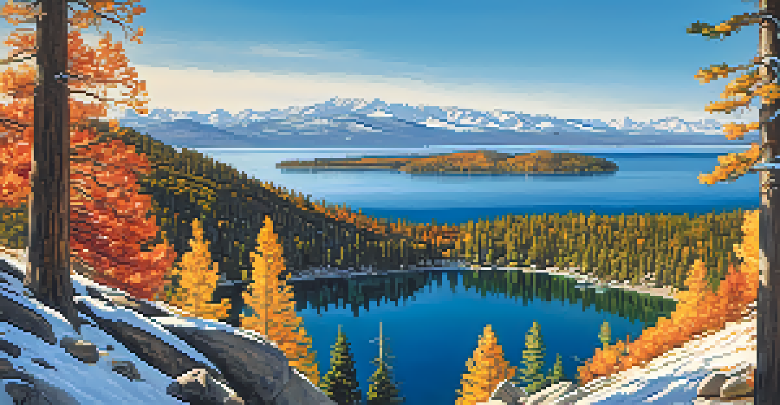 Aerial view of Lake Tahoe with colorful fall foliage and snow-capped mountains in the background.