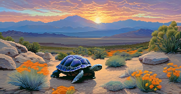 A desert tortoise on rocky terrain with a colorful sunset in the background.
