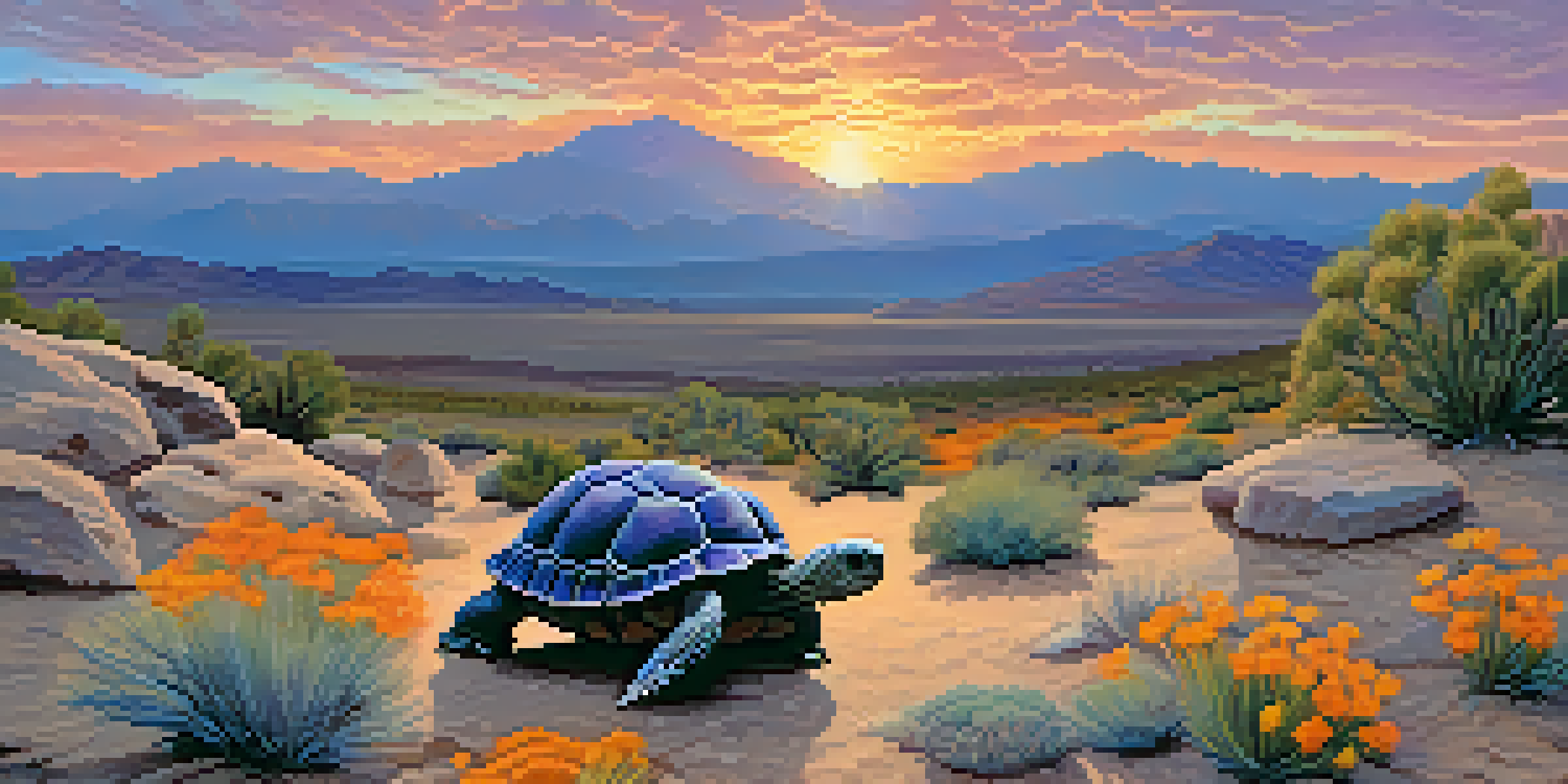 A desert tortoise on rocky terrain with a colorful sunset in the background.