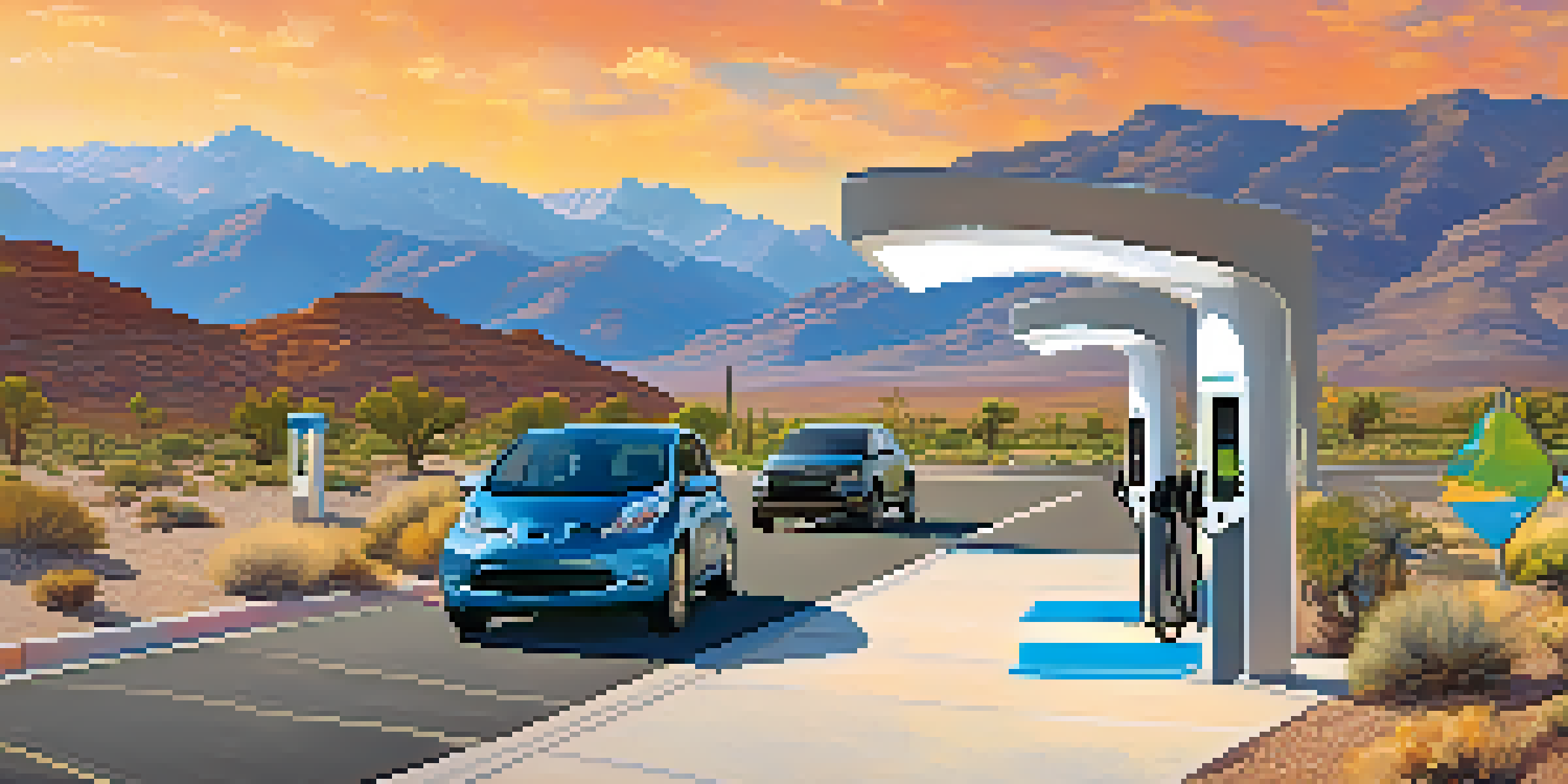 A picturesque Nevada landscape with electric vehicles charging at a solar station, cyclists and pedestrians on a pathway, and mountains in the background.