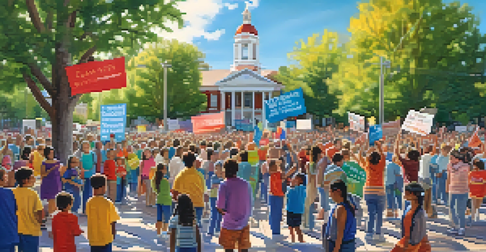 A community rally in Nevada with diverse individuals holding signs for education reform, surrounded by trees and sunlight.