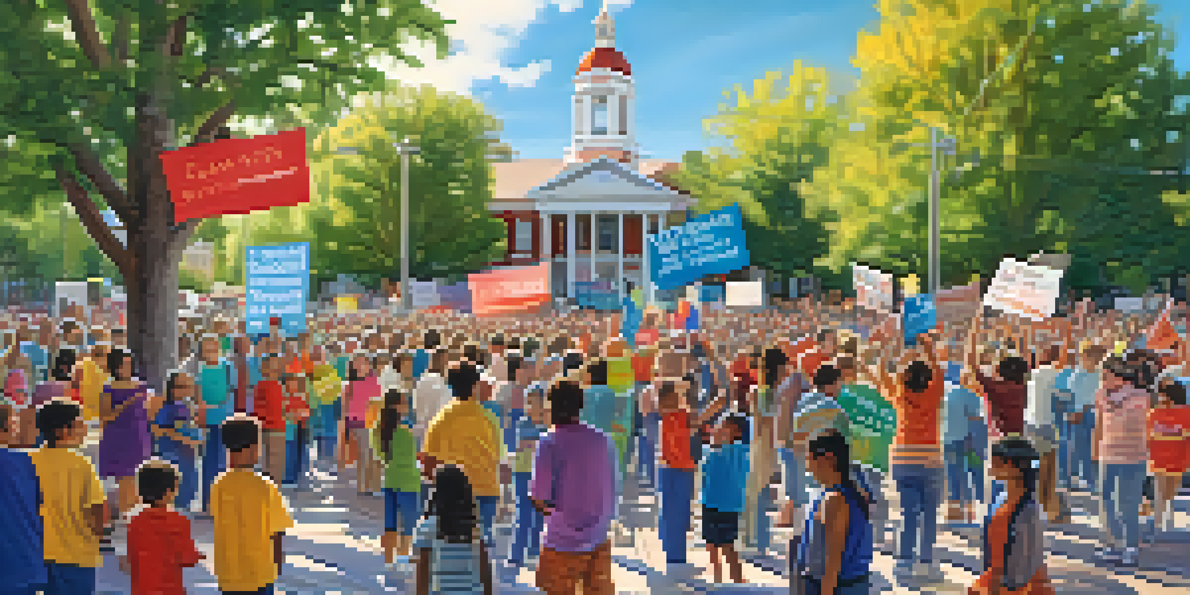 A community rally in Nevada with diverse individuals holding signs for education reform, surrounded by trees and sunlight.