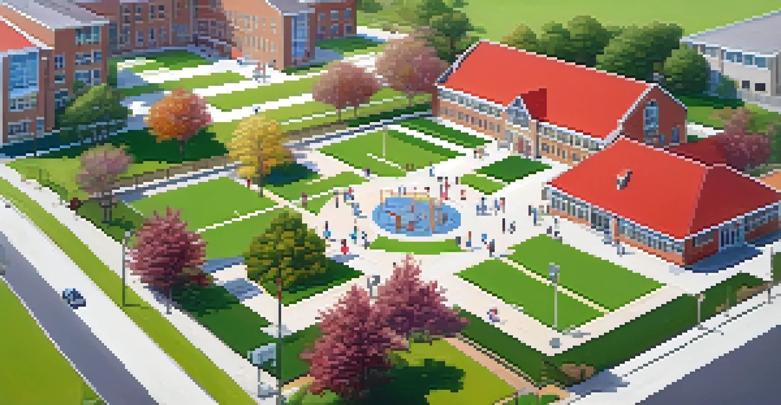 Aerial view of a modern suburban school with children playing outside in a sunny environment.