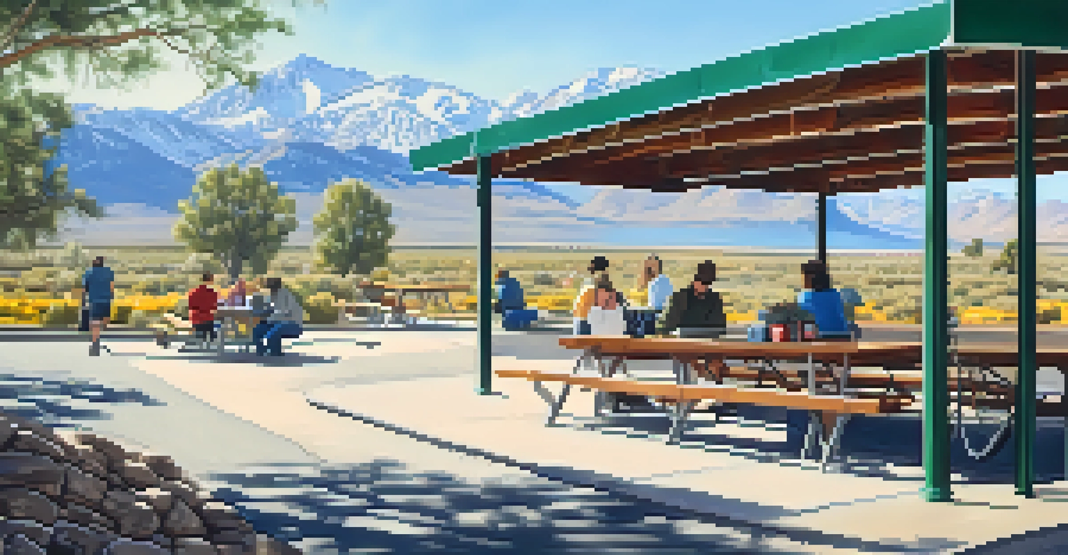 A rest area on a Nevada highway with picnic tables and trees, tourists enjoying the scenery and mountains in the background.