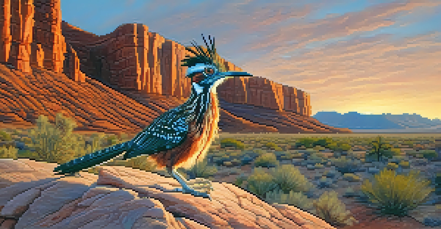 A roadrunner on a rock in Red Rock Canyon during sunrise, with pastel-colored sky and red cliffs in the background.
