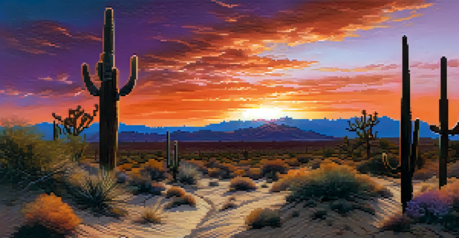 A breathtaking summer sunset in the Nevada desert with vibrant colors and silhouetted desert plants.