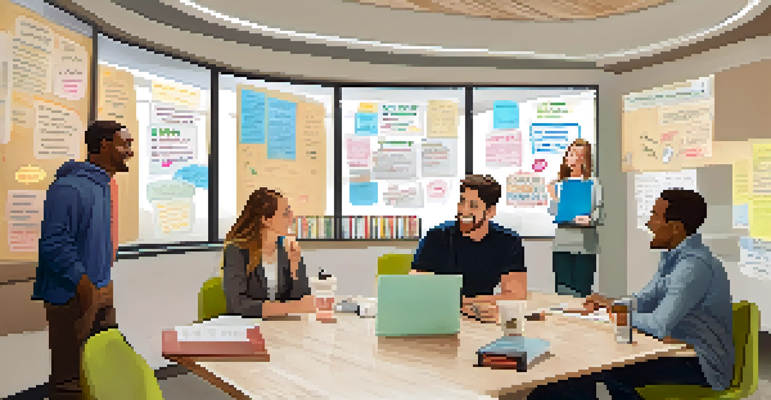 Educators having a discussion in a bright faculty lounge filled with motivational posters and notes on a whiteboard.