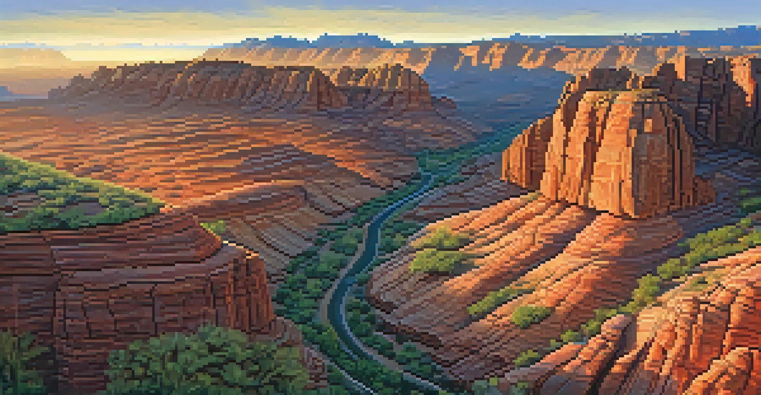 An aerial view of Red Rock Canyon at sunrise, showing red cliffs and winding trails against a blue sky.