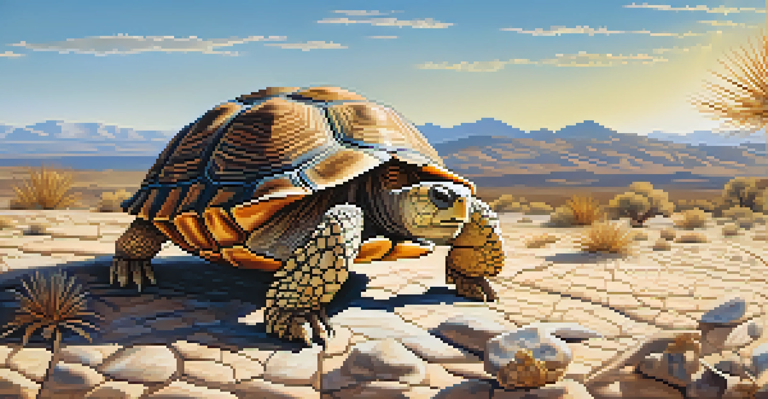 A close-up of a desert tortoise in a dry desert environment with mountains in the background.