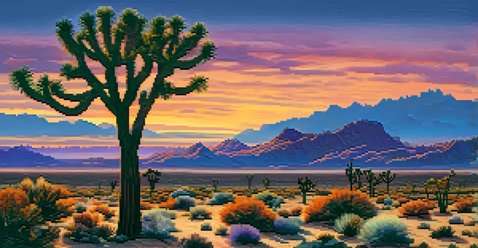 A sunset view of the Mojave Desert with silhouette Joshua trees against a colorful sky.