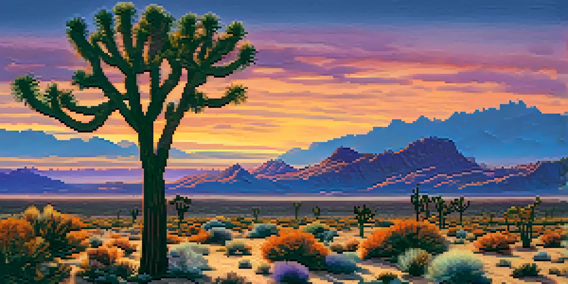 A sunset view of the Mojave Desert with silhouette Joshua trees against a colorful sky.