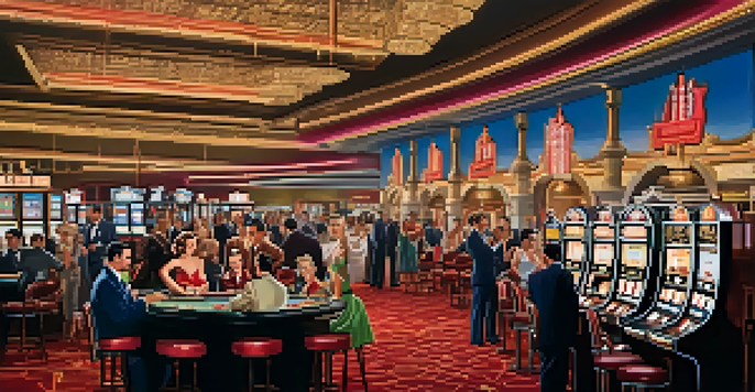 A vintage casino scene in Las Vegas during the 1950s, featuring elegantly dressed visitors at gaming tables surrounded by neon lights.