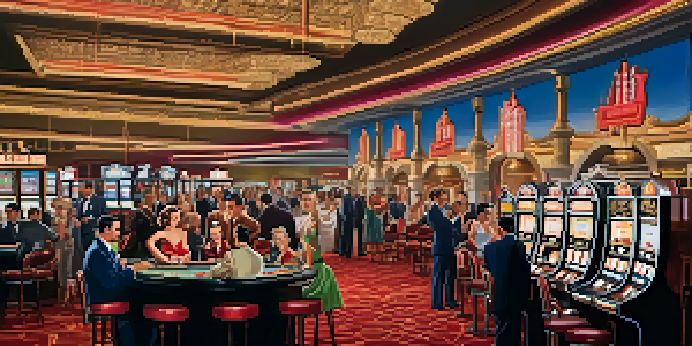 A vintage casino scene in Las Vegas during the 1950s, featuring elegantly dressed visitors at gaming tables surrounded by neon lights.