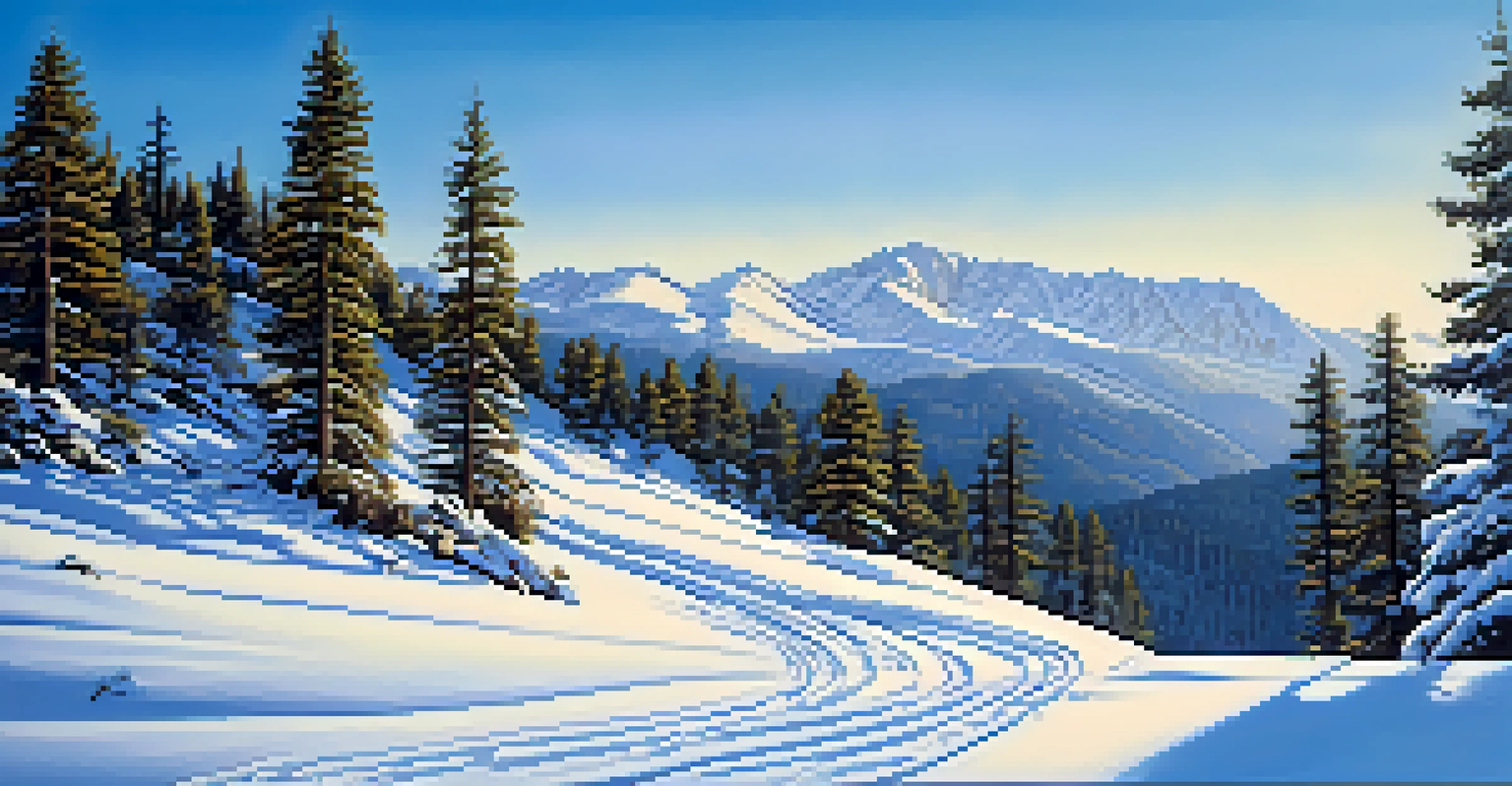Snow-covered Sierra Nevada mountains with tall pine trees and a clear blue sky.