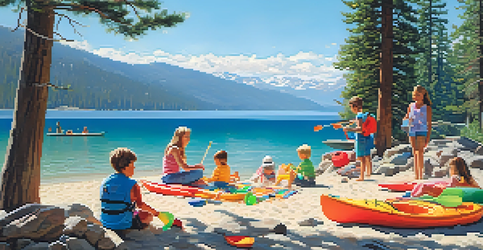 A family with children playing on the beach at Lake Tahoe, building sandcastles and enjoying the sunny weather with mountains in the background.