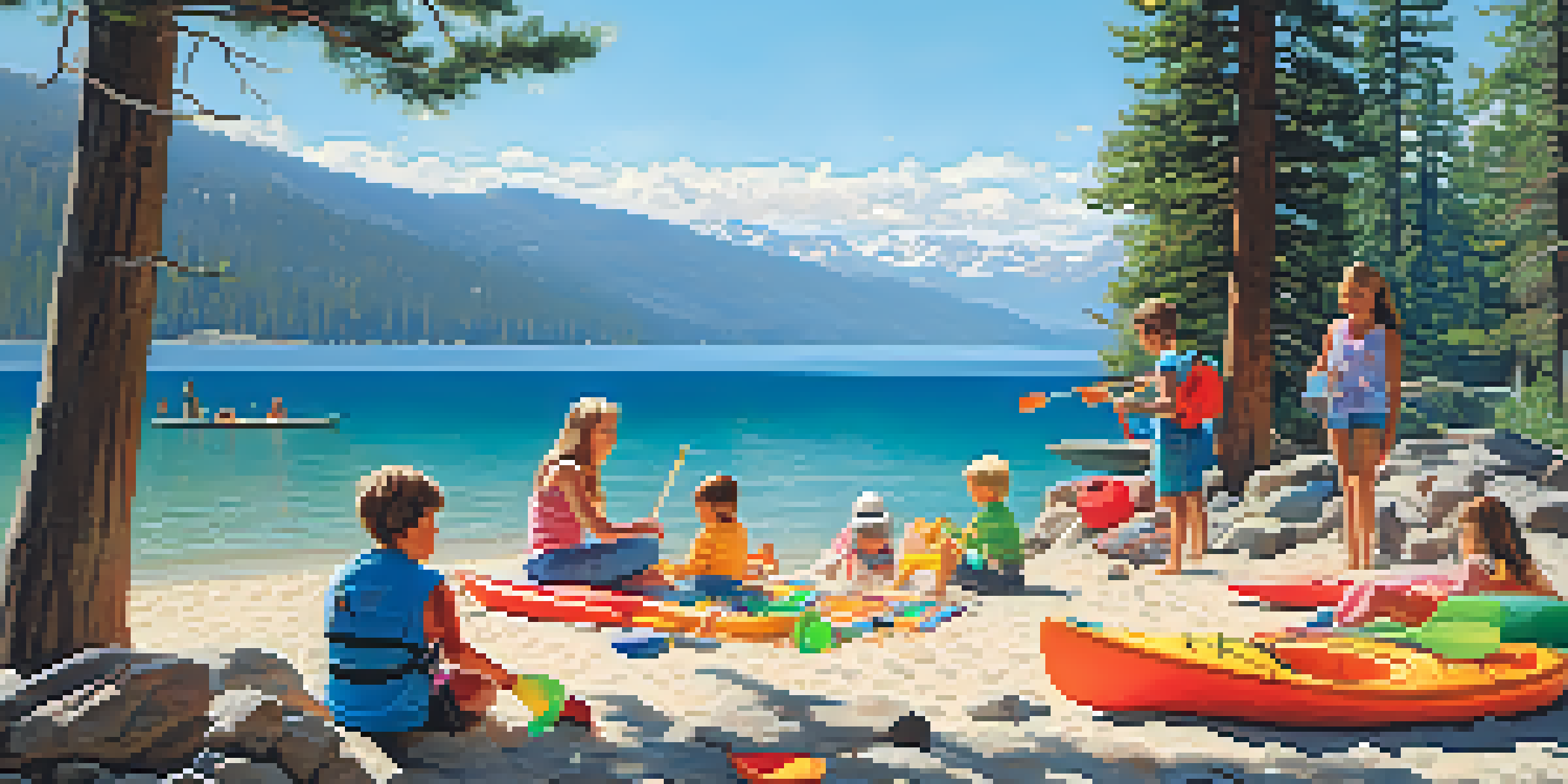 A family with children playing on the beach at Lake Tahoe, building sandcastles and enjoying the sunny weather with mountains in the background.