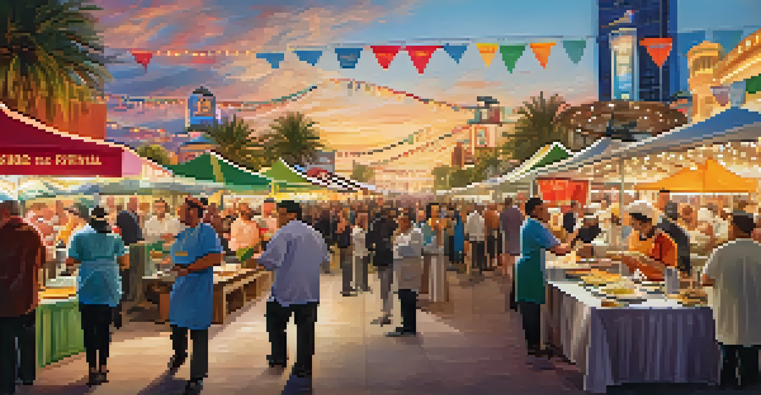 Attendees enjoying various food stalls at the Las Vegas Food & Wine Festival, with chefs preparing diverse dishes and colorful decorations in the background.