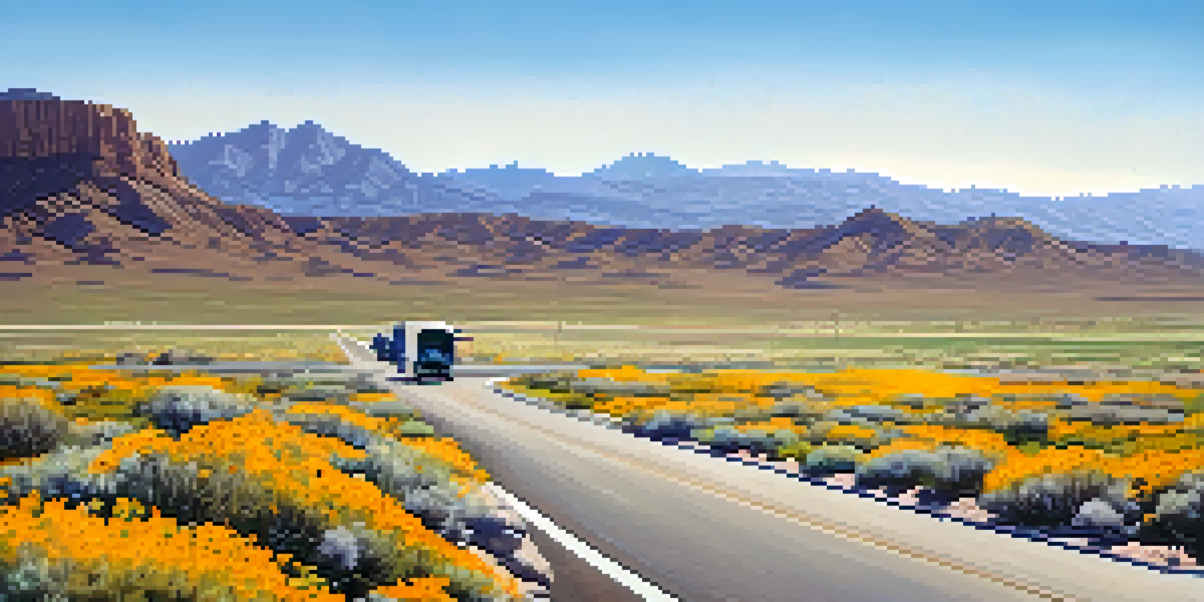 A scenic highway in Nevada surrounded by desert and mountains, with wildflowers along the roadside and vehicles driving.