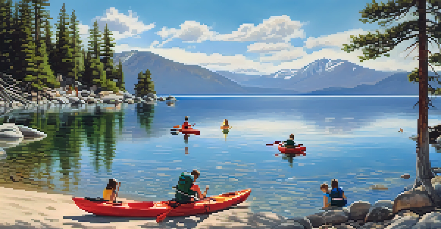 A picturesque view of Lake Tahoe in summer, featuring families kayaking and relaxing on the beach with mountains in the background.