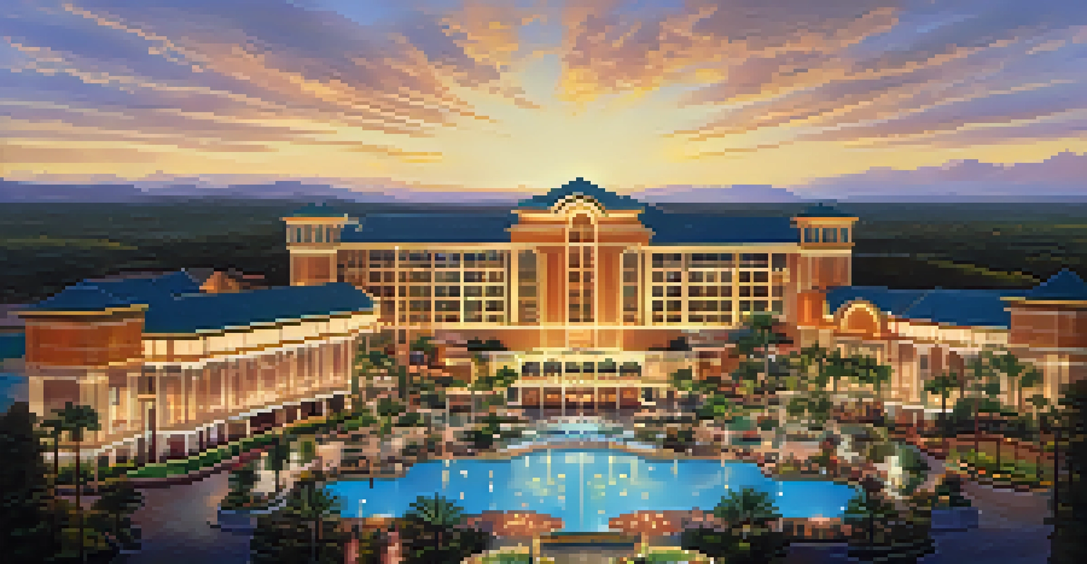 Aerial view of a modern casino resort with lush landscaping and a sunset in the background.