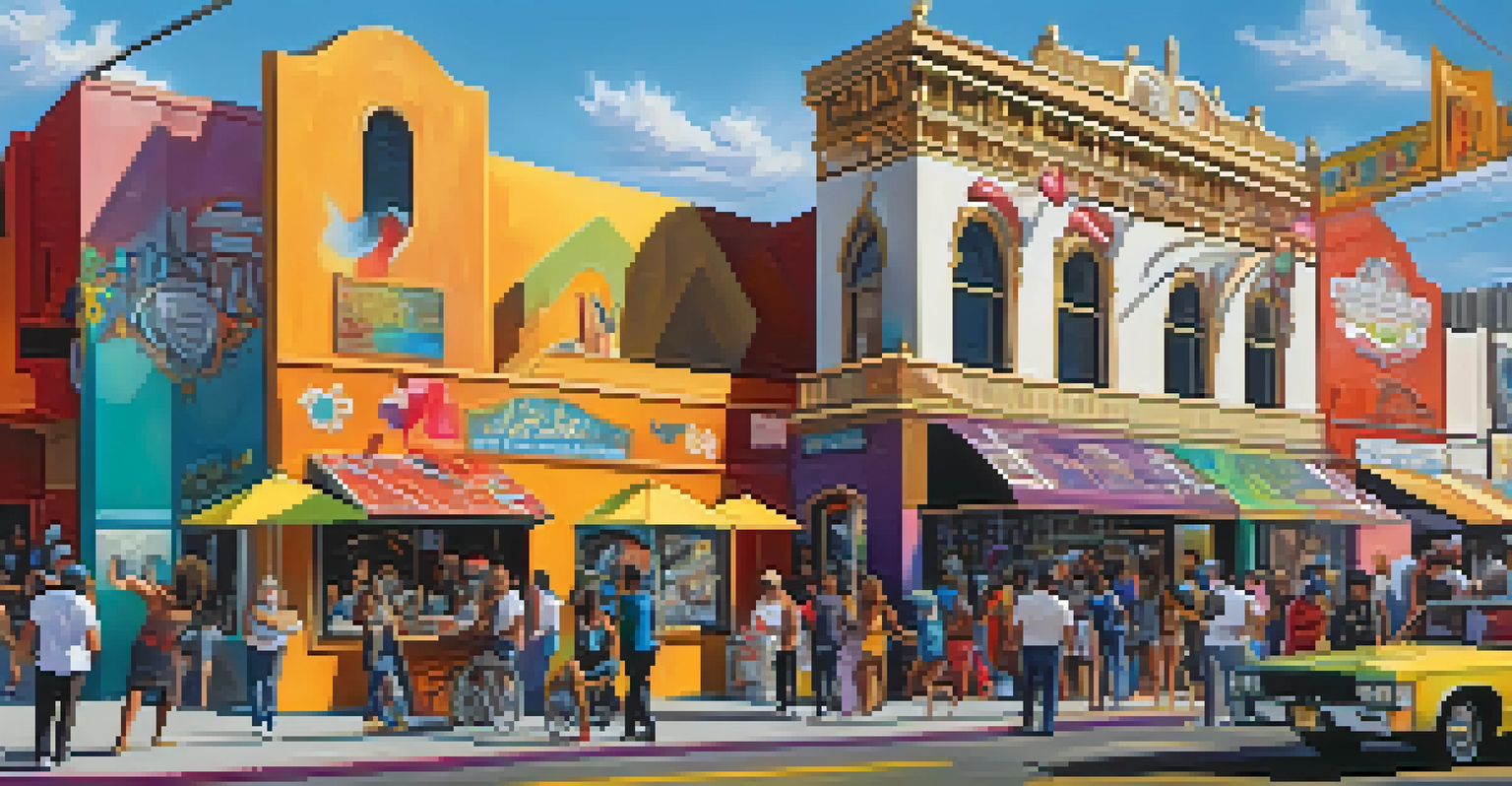 A lively depiction of the Las Vegas Arts District with colorful murals and artists at work.