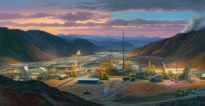 A panoramic view of a Nevada mining landscape at sunset, with rugged mountains, a busy mine site, and a colorful sky.