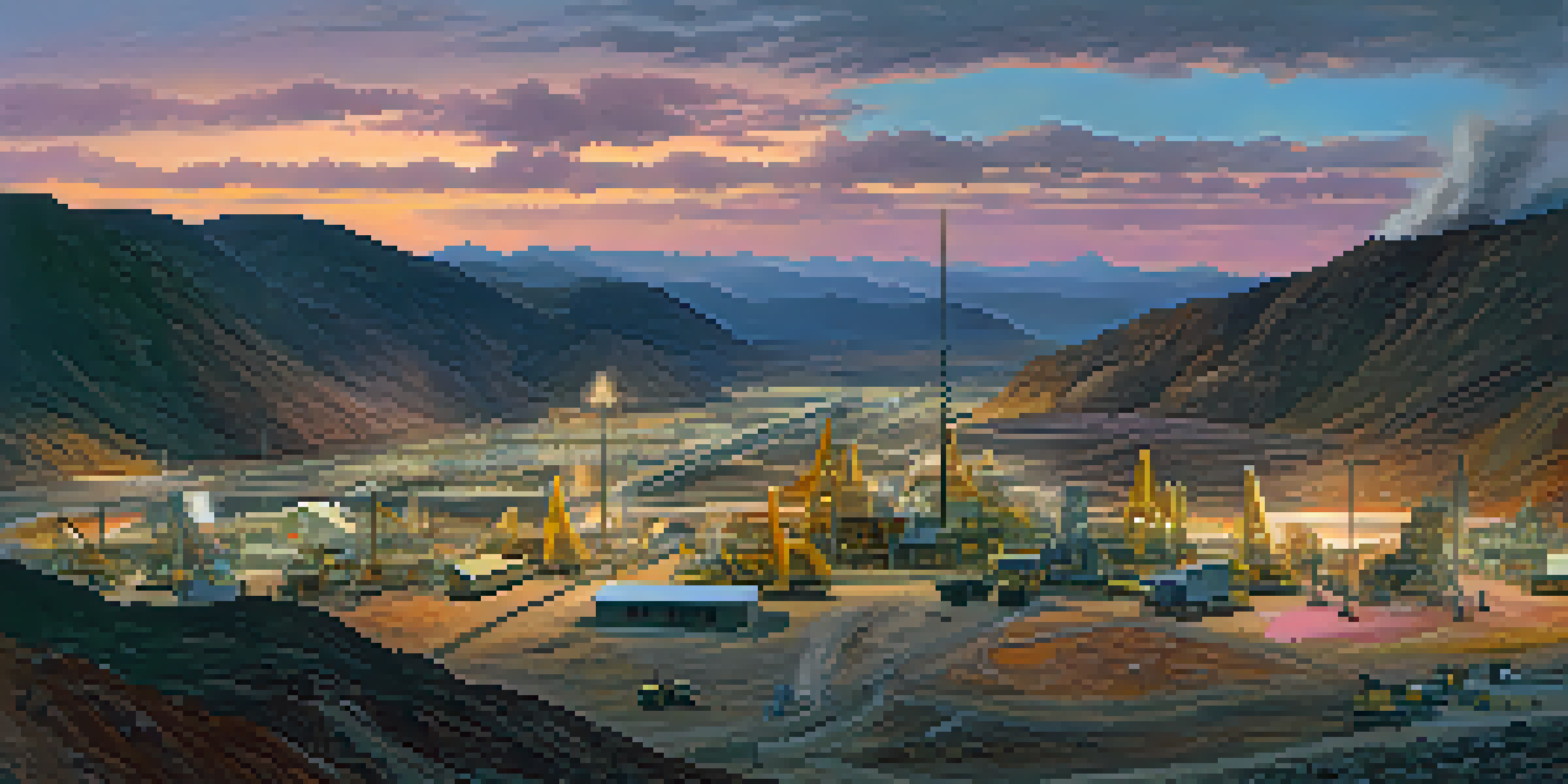 A panoramic view of a Nevada mining landscape at sunset, with rugged mountains, a busy mine site, and a colorful sky.