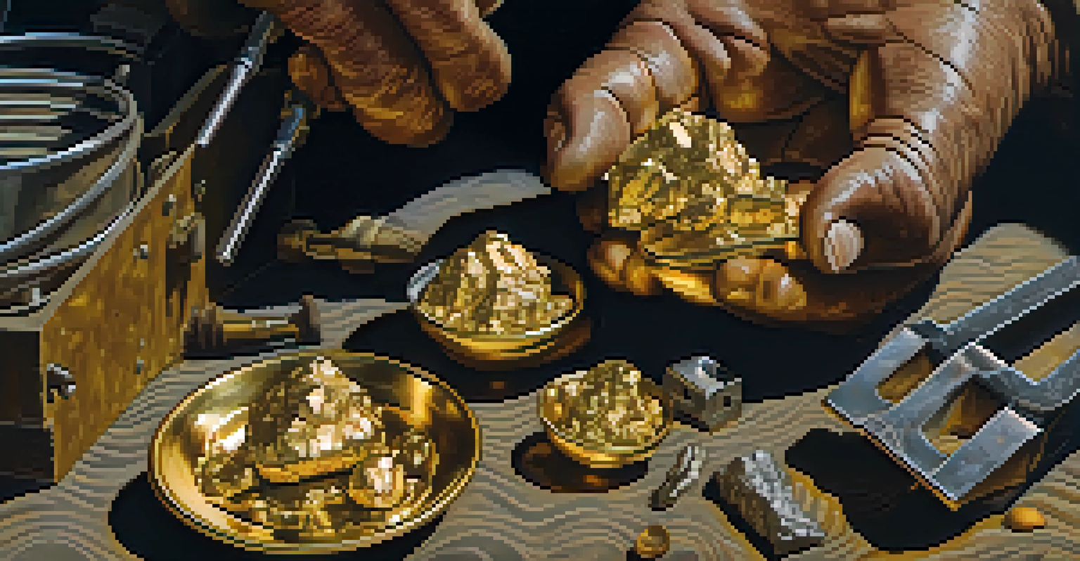 A close-up of a miner's hands holding a gold nugget, with mining tools in the background.