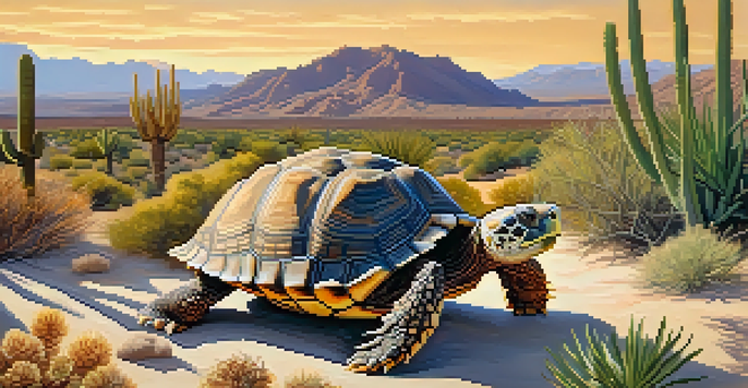 A desert tortoise in its natural habitat amidst cacti and bushes during sunset, showcasing Nevada's desert ecosystem.