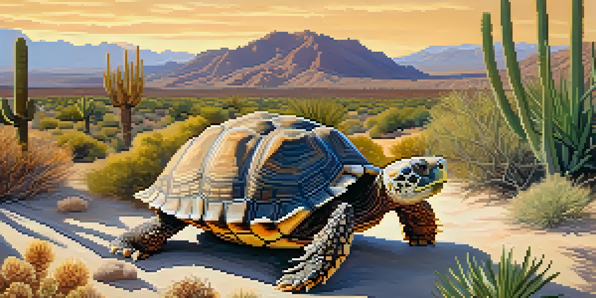 A desert tortoise in its natural habitat amidst cacti and bushes during sunset, showcasing Nevada's desert ecosystem.