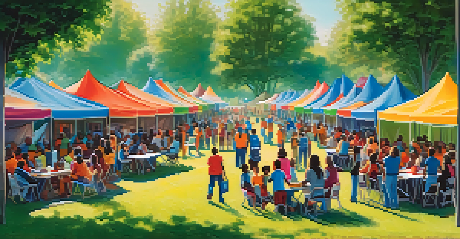 A community event with families receiving educational resources like laptops and internet hotspots, set in an outdoor environment with colorful tents.