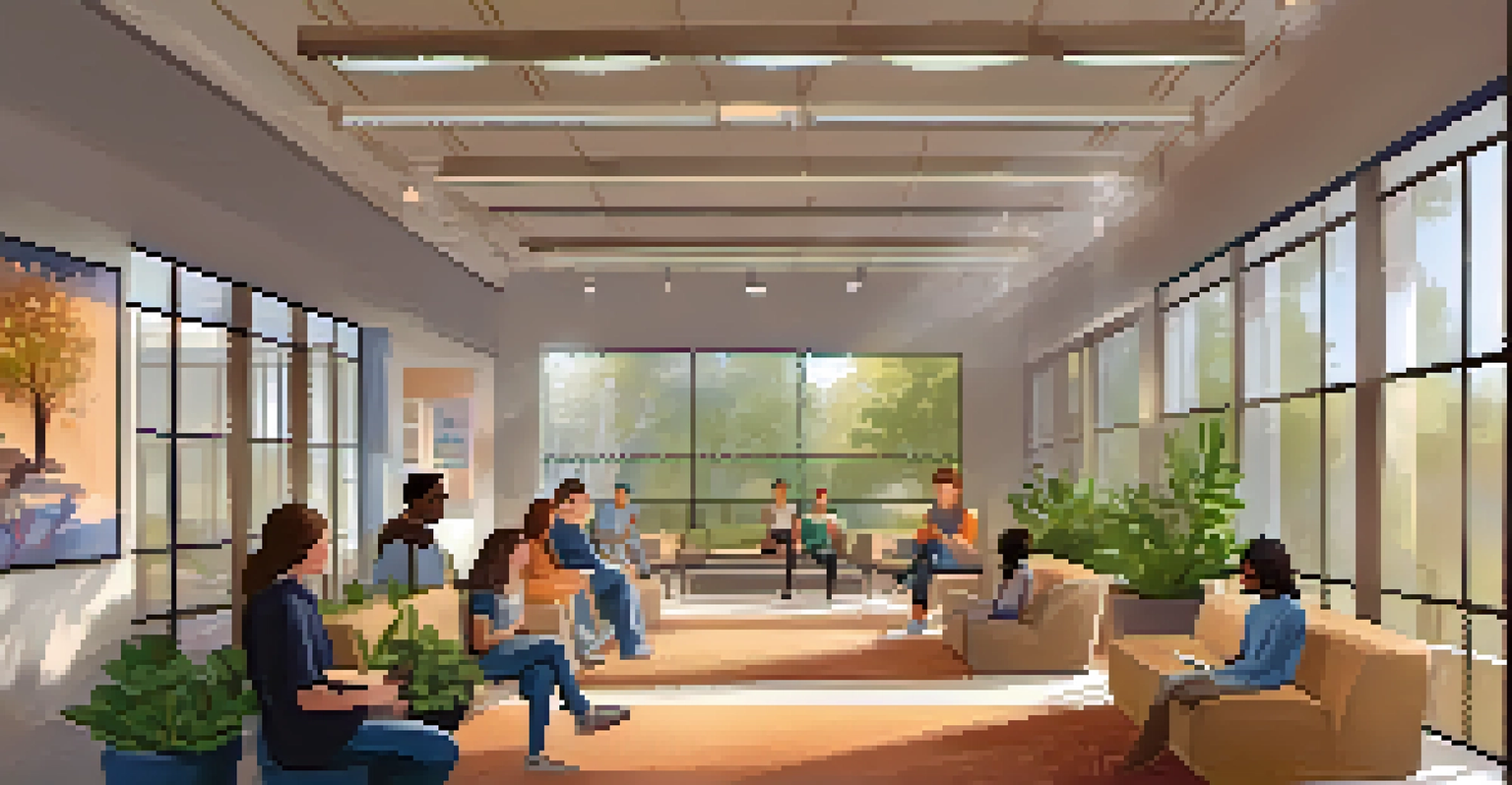 A welcoming mental health support center in a university, featuring comfortable seating and a counselor interacting with a student.