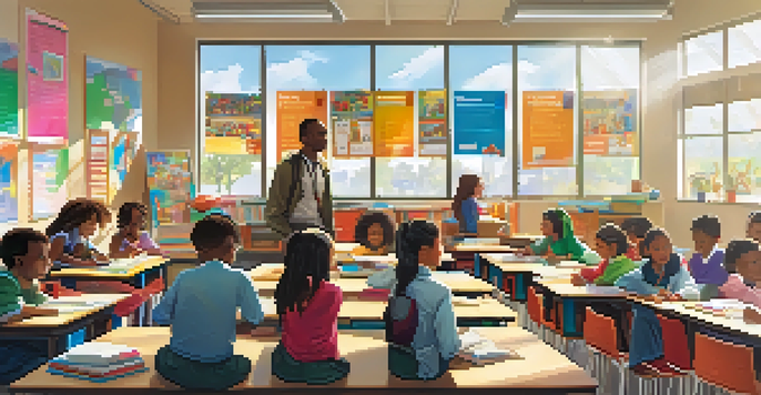 A classroom with diverse students actively participating in learning activities, led by a teacher, bathed in natural light.