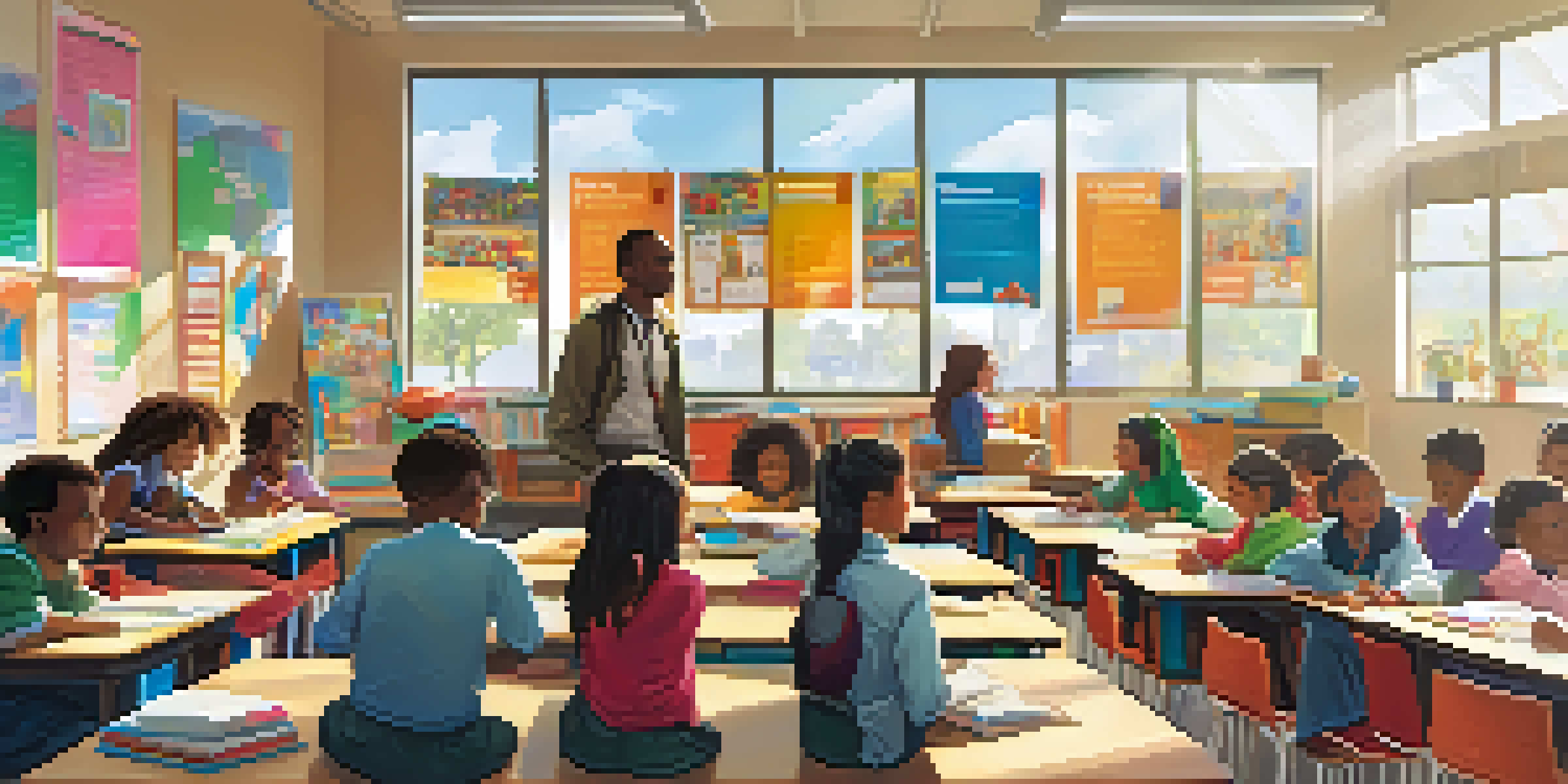 A classroom with diverse students actively participating in learning activities, led by a teacher, bathed in natural light.