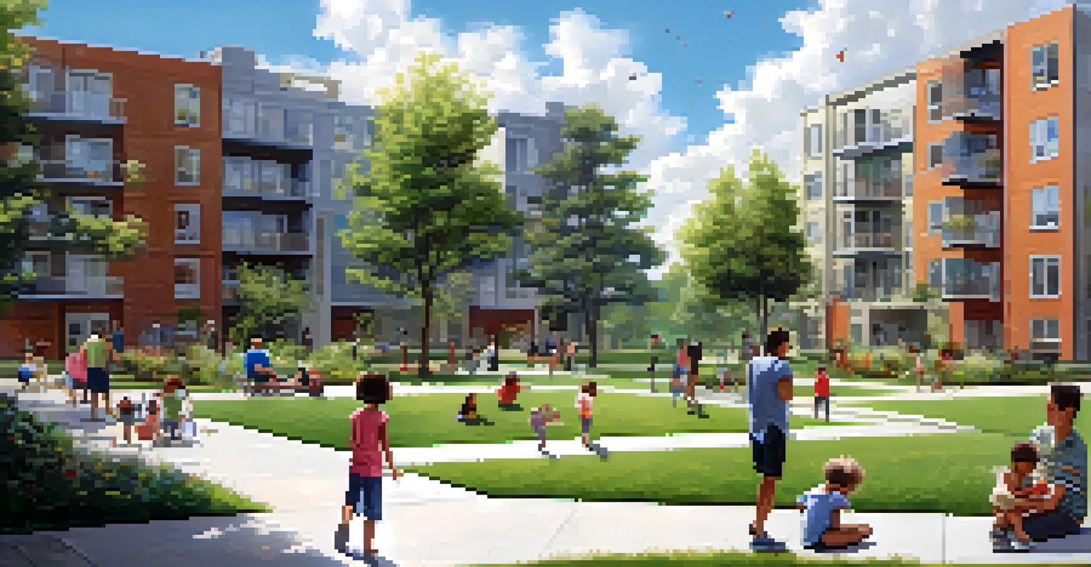 An urban scene featuring a new affordable housing complex with families enjoying outdoor spaces and modern architecture.