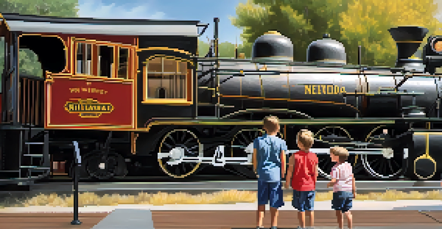 Children at the Nevada State Railroad Museum, excitedly looking at a vintage locomotive and learning about trains.