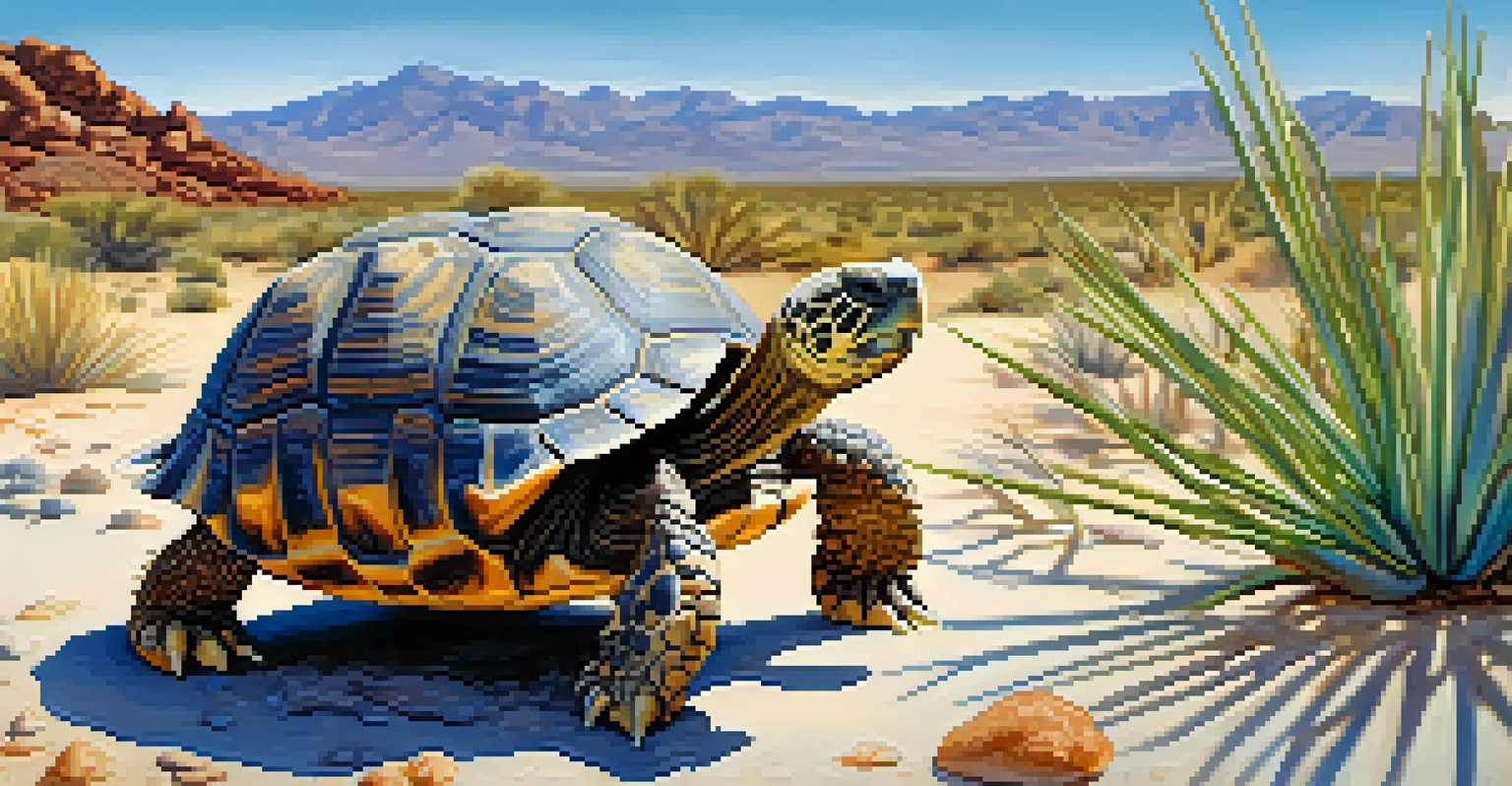 A desert tortoise drinking from a water source, surrounded by desert vegetation under a clear blue sky.