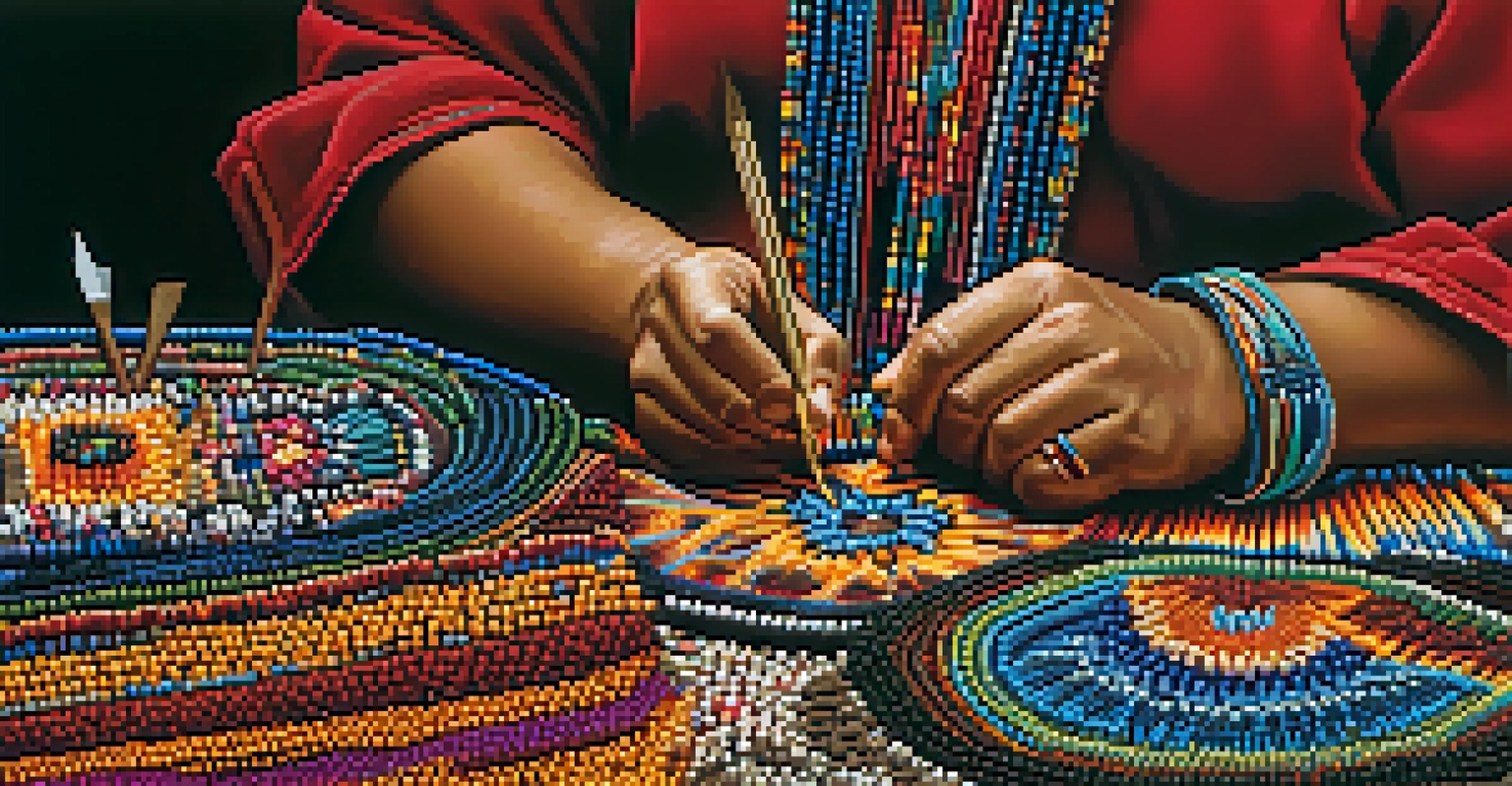 An artisan's hands creating beadwork, focusing on vibrant beads and intricate patterns, with tools and materials in the background.