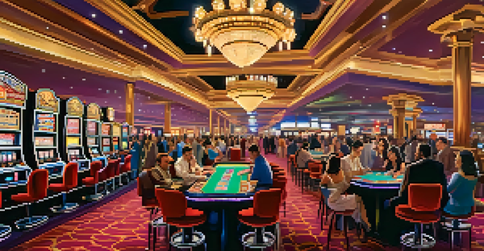 A lively Las Vegas casino with people playing games, colorful slot machines, and a grand chandelier.