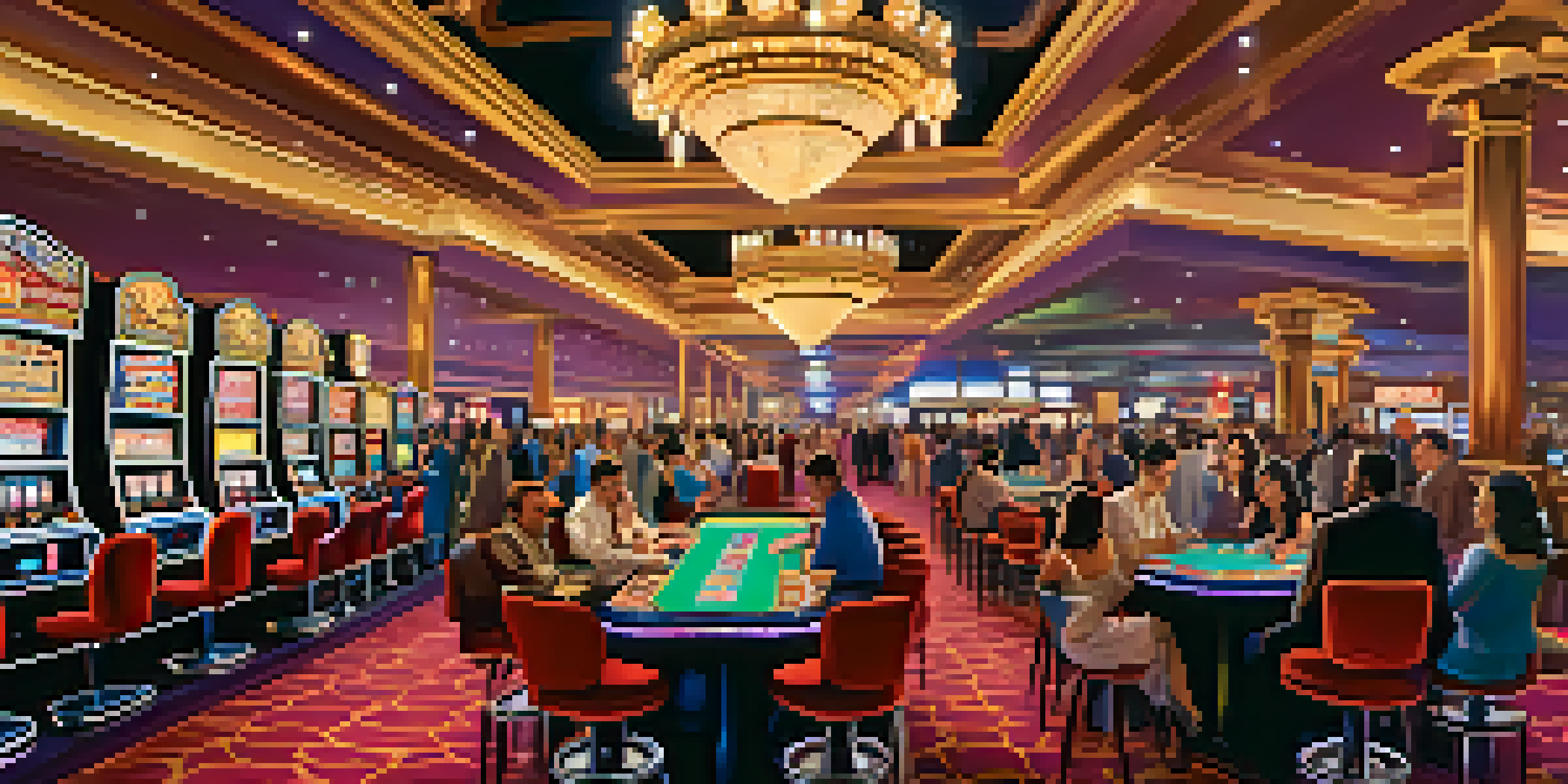 A lively Las Vegas casino with people playing games, colorful slot machines, and a grand chandelier.