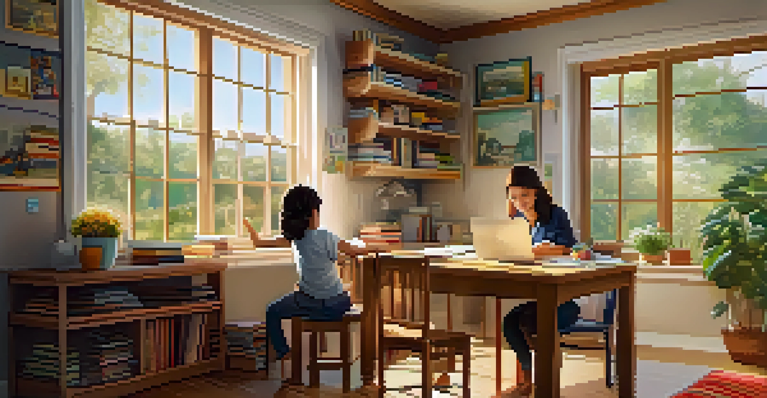 A parent assisting a child with homework at a kitchen table, surrounded by books and a laptop in a warm and inviting home study area.
