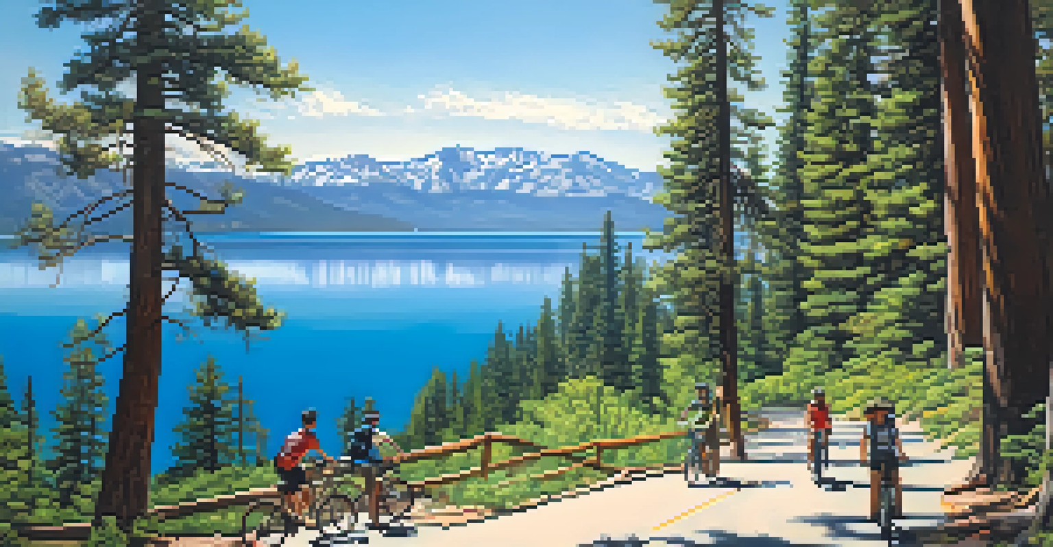 A scenic view of Lake Tahoe with tourists biking along the trail, surrounded by clear waters and green forests.