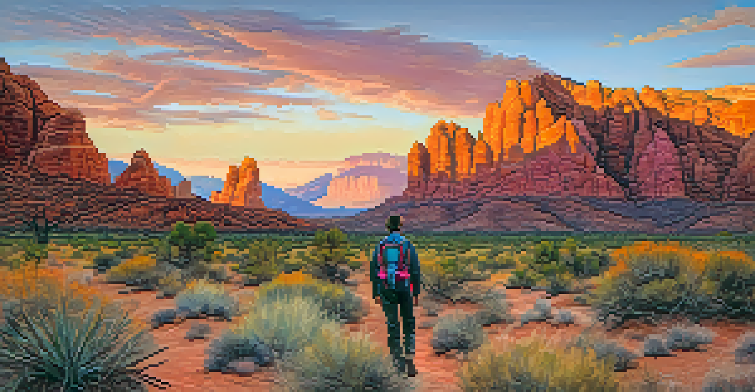 A beautiful sunset view of Red Rock Canyon, with a hiker on a trail admiring the colorful sky and rugged landscape.