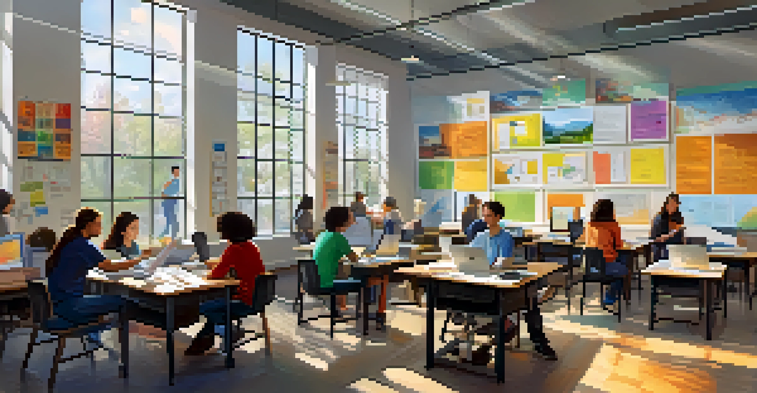 A vibrant classroom with students from diverse backgrounds collaborating on interdisciplinary projects, filled with colorful educational posters.